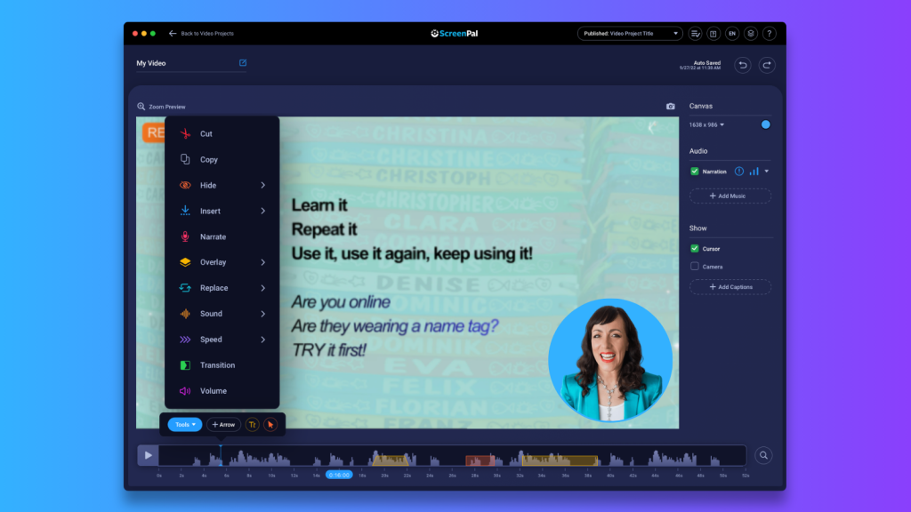 ScreenPal video editor displaying a training slide while Kassy LaBorie appears on camera.