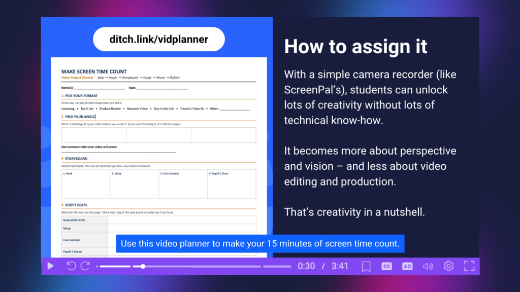 Video project planner and ScreenPal player demonstrating how students can plan, storyboard, script, and record creative video projects.