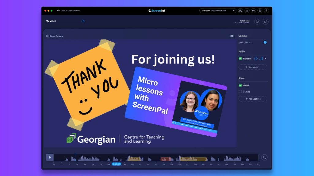 Screenshot of ScreenPal’s video editor displaying a Georgian College “Thank You” slide for a micro-lesson presentation, featuring the presenters and Georgian College Centre for Teaching and Learning branding.