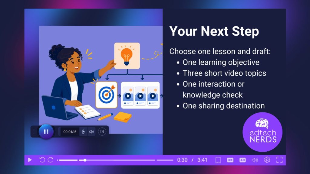 Online course planning slide encouraging educators to start with one lesson, one learning objective, three short videos, a knowledge check, and a sharing destination.