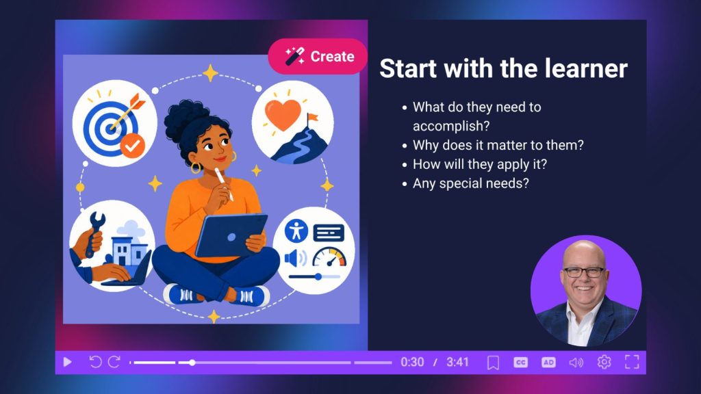 Online course slide encouraging educators to start with the learner by considering goals, application, importance, and special needs.