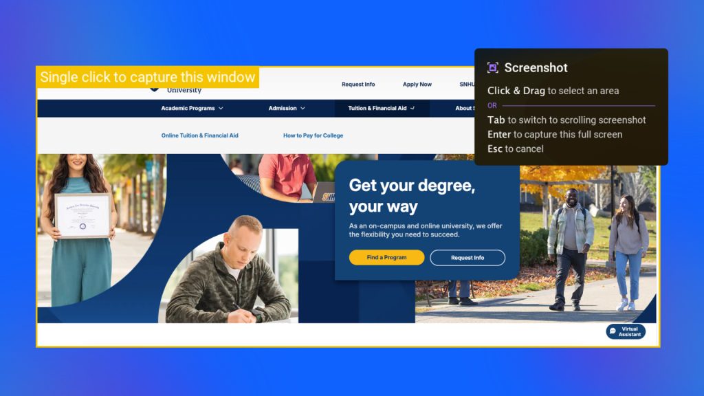 ScreenPal screenshot tool capturing a section of the Southern New Hampshire University website.