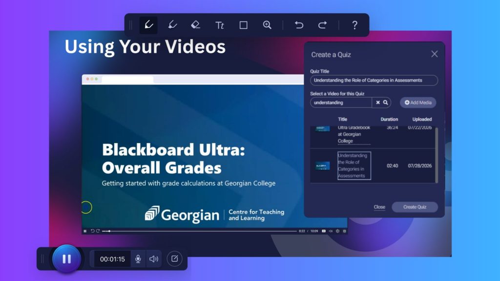Screenshot showing a Georgian College micro-lesson on Blackboard Ultra alongside ScreenPal’s quiz creation tool, demonstrating how interactive quizzes can be added to instructional videos.