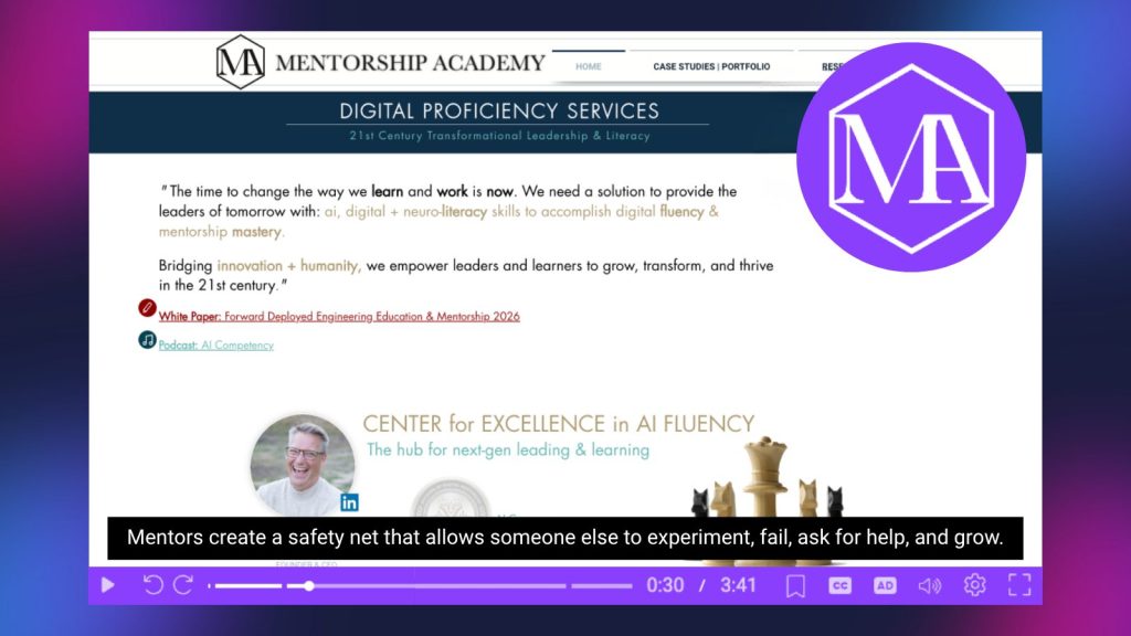 Mentorship Academy webpage highlighting Digital Proficiency Services and the Center for Excellence in AI Fluency, with resources on AI competency, digital literacy, and mentorship. A caption reads, “Mentors create a safety net that allows someone else to experiment, fail, ask for help, and grow.