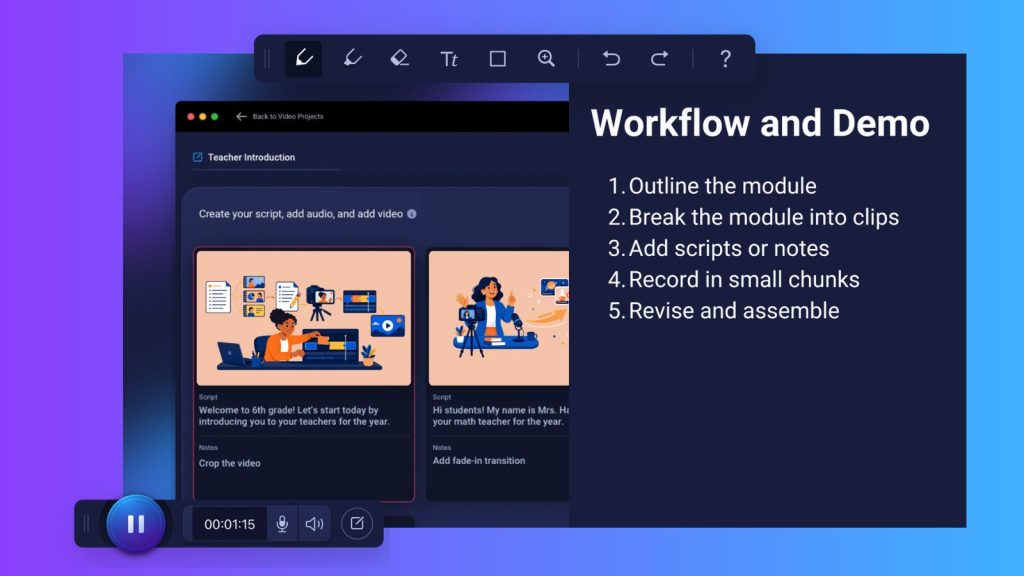 Online course workflow using ScreenPal storyboards to outline modules, break content into clips, add scripts, record in chunks, and assemble videos.