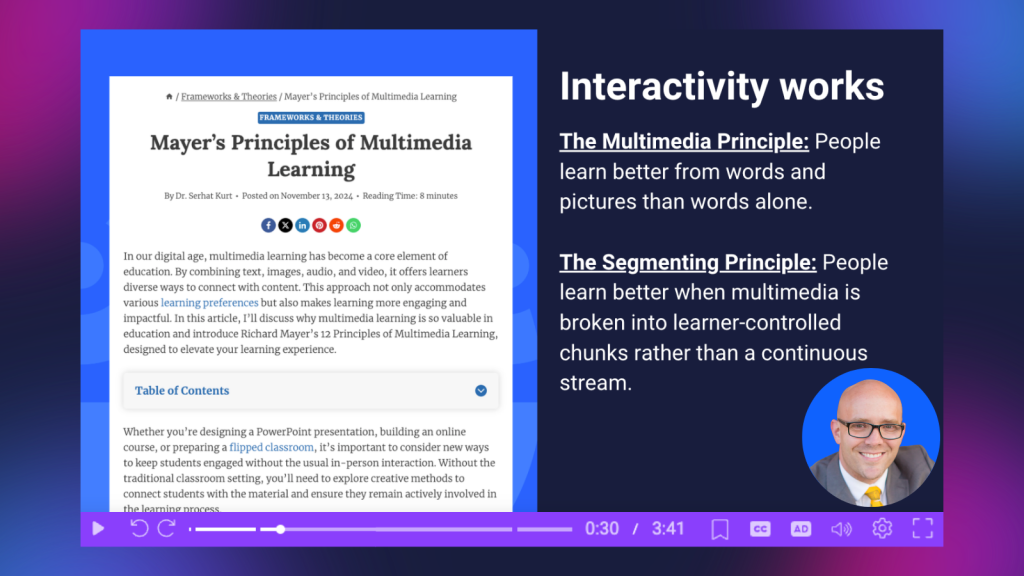 Slide explaining multimedia and segmenting principles for active learning, with a ScreenPal video player and photo of Matt Miller.