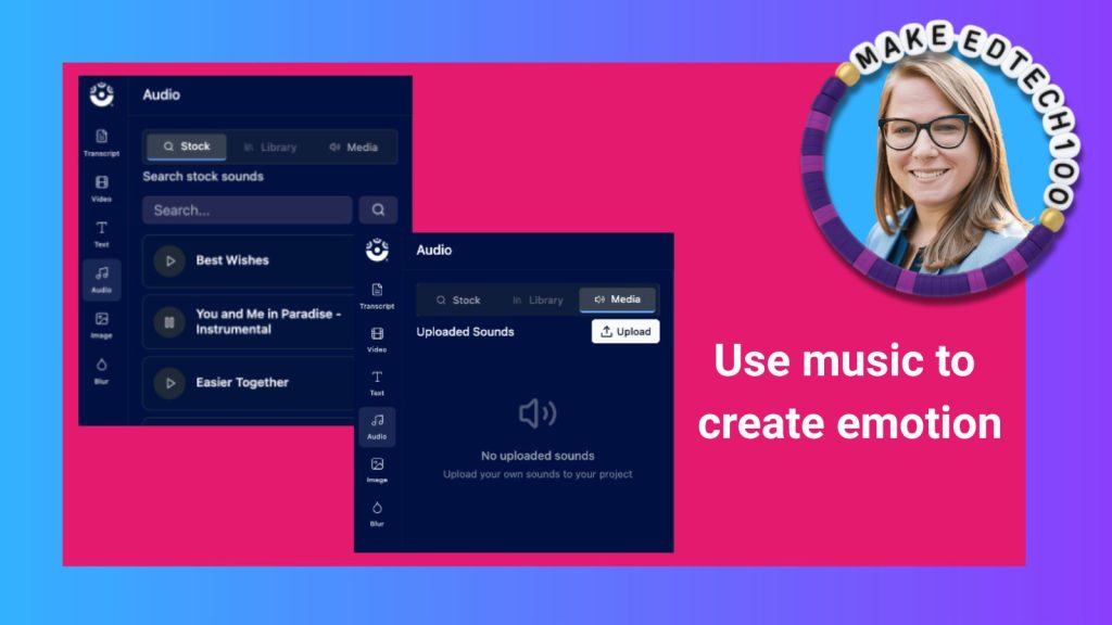 ScreenPal audio editing tools showing stock music and uploaded sound options, alongside the message “Use music to create emotion” and a presenter photo.