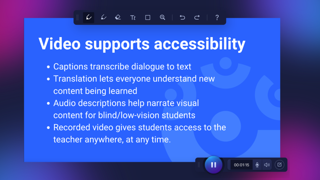 ScreenPal recording tools shown with a slide explaining how captions, translation, audio descriptions, and recorded video support accessibility.