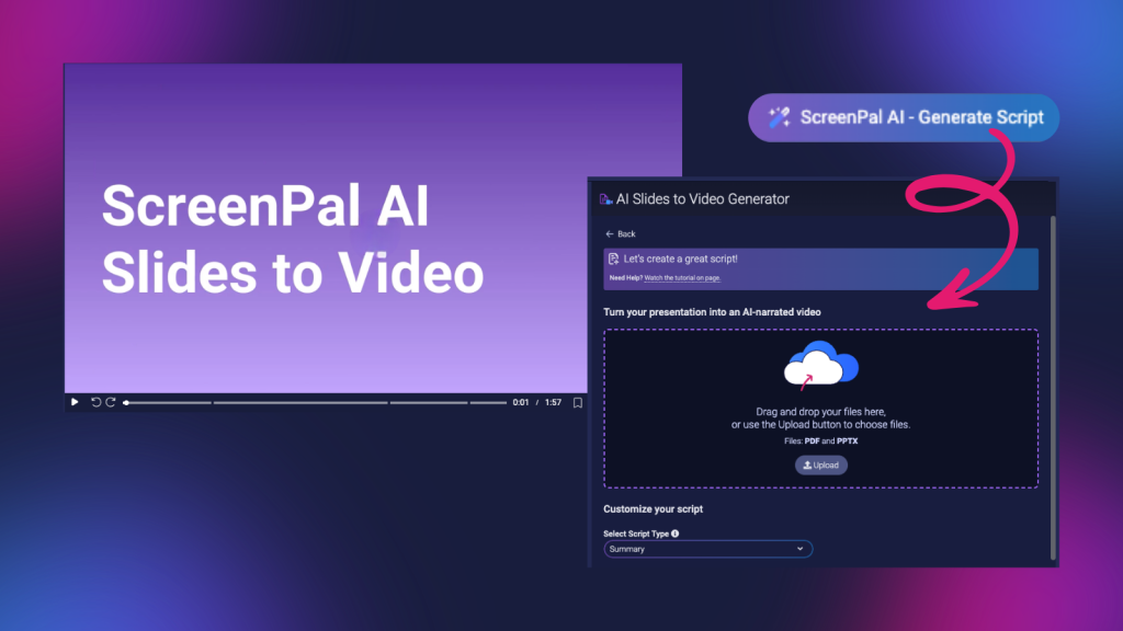 ScreenPal AI Slides to Video interface for turning presentations into scripted faculty-created video content with AI narration.