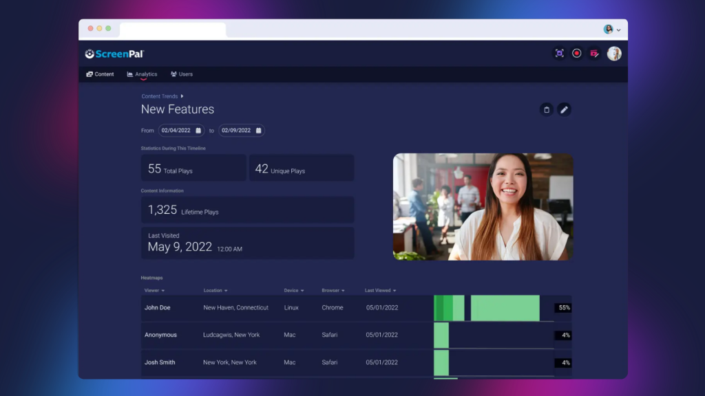 ScreenPal video analytics dashboard showing plays, viewer data, and heatmaps for evaluating faculty-created video engagement.