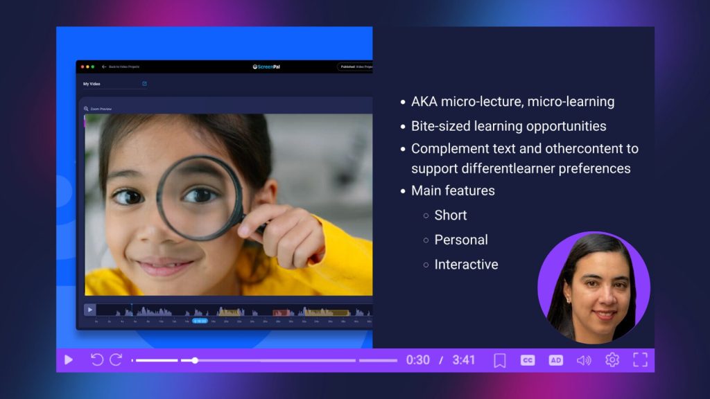 Screenshot of a micro-lesson video explaining bite-sized learning, with a ScreenPal video example and key features including short, personal, and interactive content.
