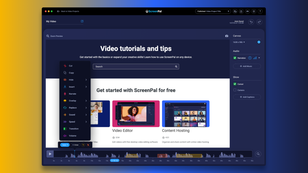 ScreenPal video editor with editing tools and timeline for creating and refining faculty-created video content.