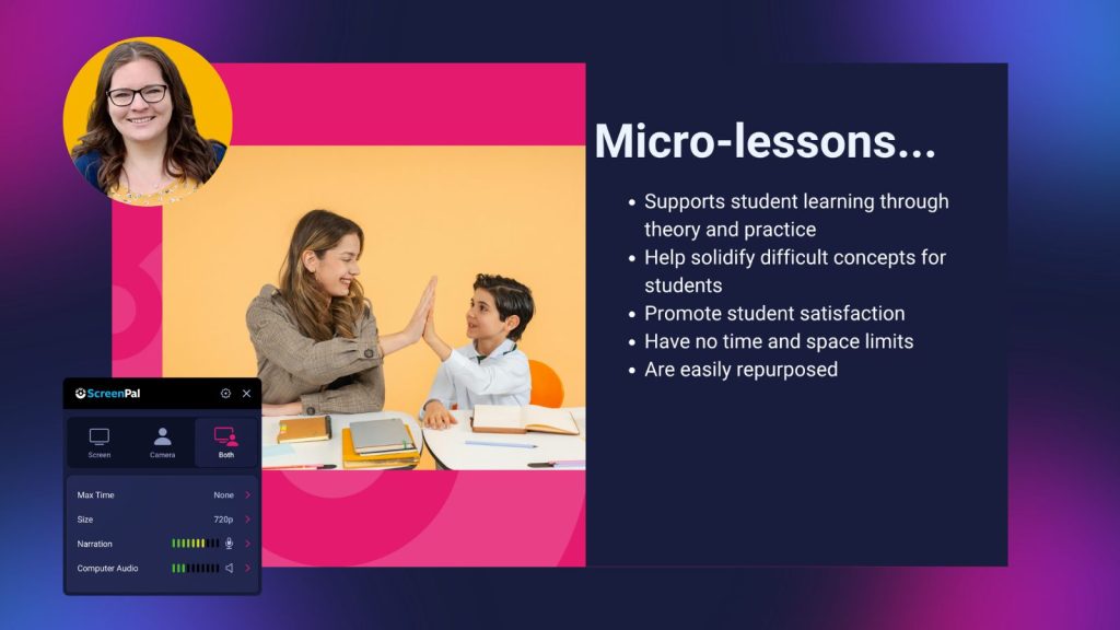 Slide explaining how a micro-lesson supports student learning, reinforces difficult concepts, promotes satisfaction, removes time and space limits, and can be easily repurposed.