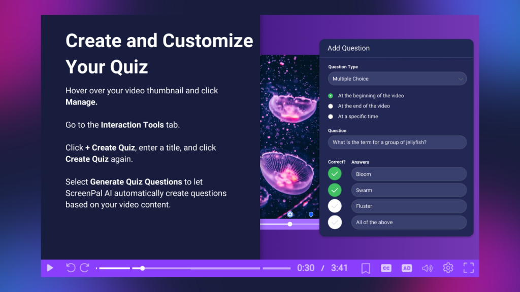 ScreenPal quiz creation tools let educators add interactive questions and AI-generated assessments directly to educational videos.