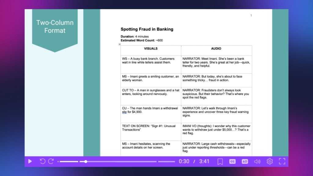 Two-column training video script with separate visual and audio directions for a scenario about spotting fraud in banking.