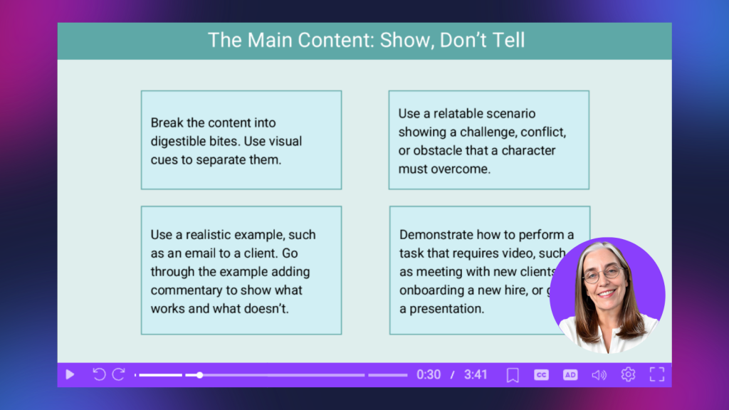 Video scripting examples demonstrating how to show rather than tell through digestible content, realistic scenarios, examples, and demonstrations.