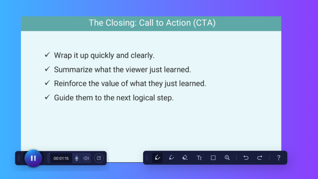 Training slide outlining four ways to close an instructional video with a clear call to action and next step.