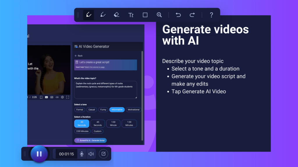 ScreenPal AI Video Generator helps educators create custom learning videos by generating editable scripts and video content from a topic.