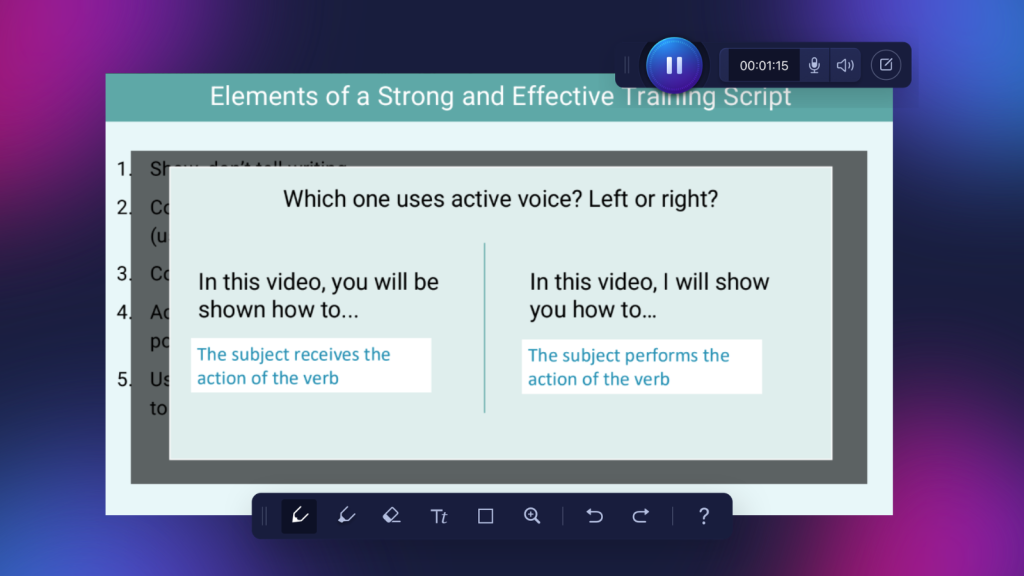 Training slide comparing passive and active voice with examples of how each sentence structure communicates an action.
