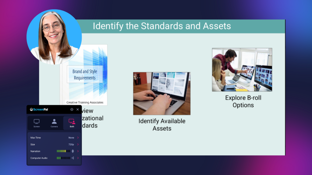 Training slide showing how to prepare for video production by reviewing brand standards, identifying available assets, and exploring B-roll options.