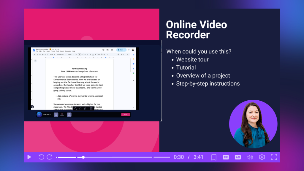 ScreenPal Online Video Recorder supports video engagement with an easy way to create tutorials, project overviews, website tours, and step-by-step instructions.