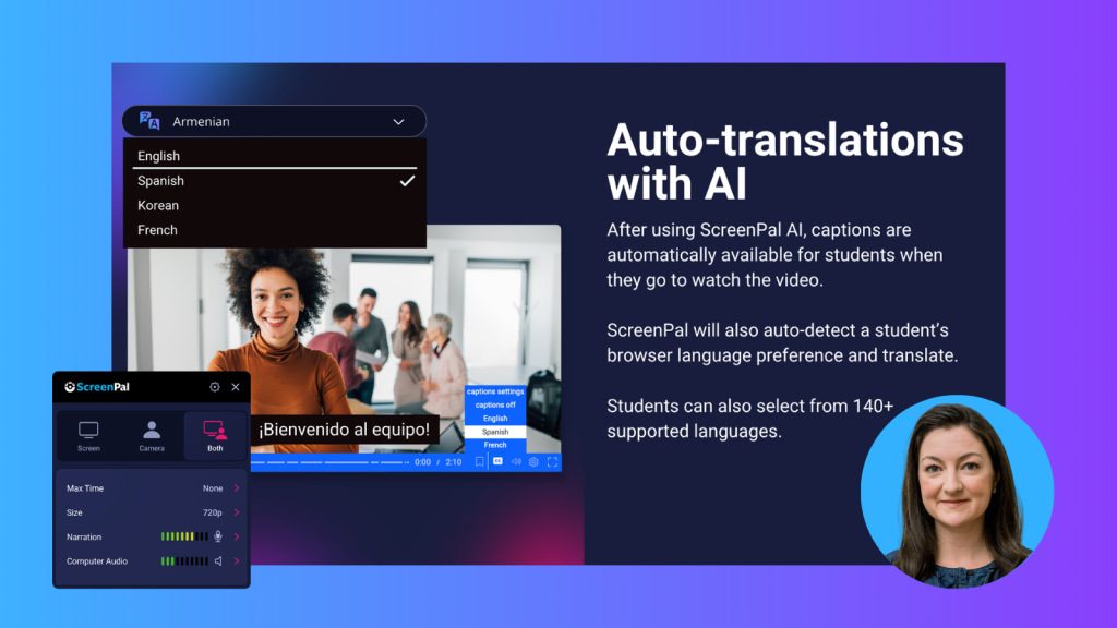 ScreenPal AI caption translation tools support video engagement by making educational videos accessible in more than 140 languages.