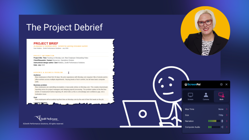 Project debrief slide showing a sample Monday.com employee training brief alongside Dani Watkins and the ScreenPal recorder.