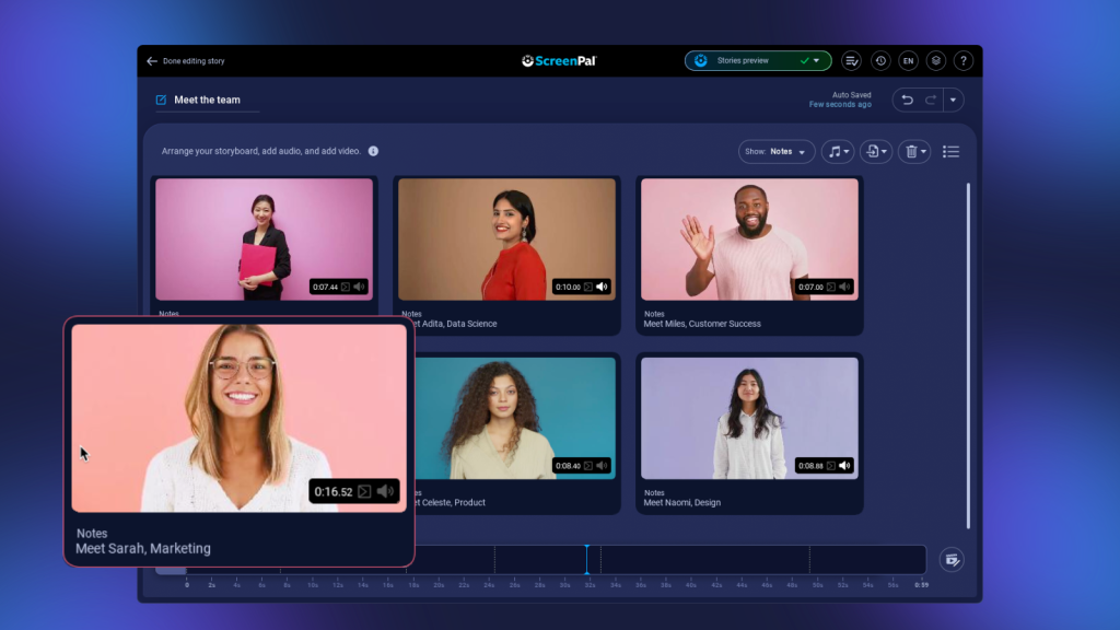 ScreenPal storyboard interface showing a Meet the Team video with individual scenes, presenter visuals, notes, audio, and a video timeline.