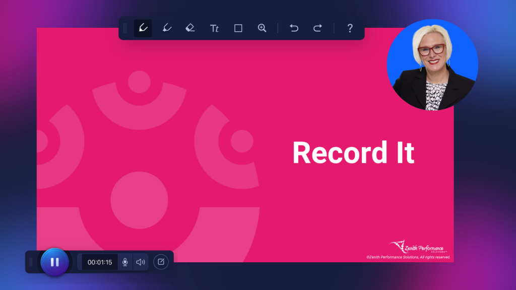 ScreenPal recording and annotation tools shown over a “Record It” slide, illustrating the recording stage of a planned video instructional design workflow.