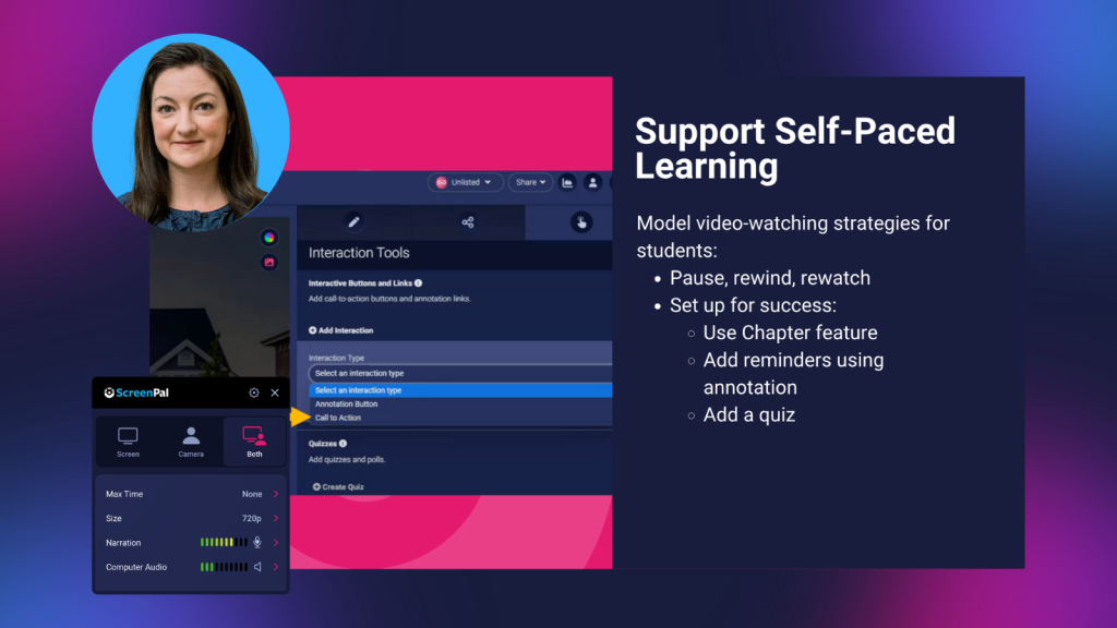 ScreenPal interaction tools support video engagement and self-paced learning with chapters, annotations, quizzes, and video navigation.