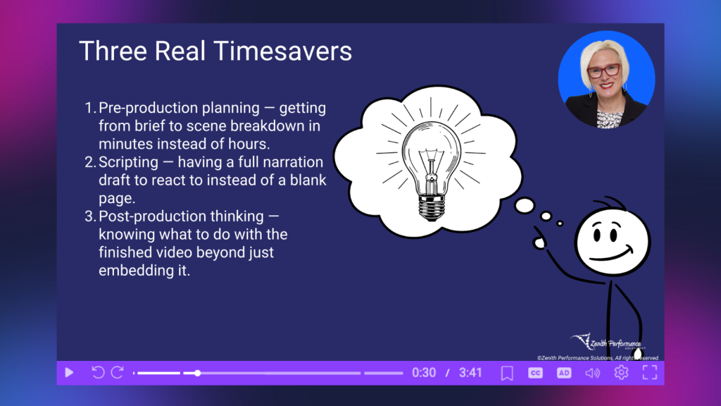 Slide outlining three instructional design timesavers: pre-production planning, scripting from an initial draft, and post-production planning for finished videos.