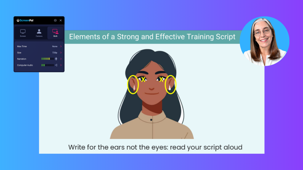 Illustration emphasizing the ears alongside ScreenPal recording tools, demonstrating how to write video scripting narration that sounds natural when read aloud.