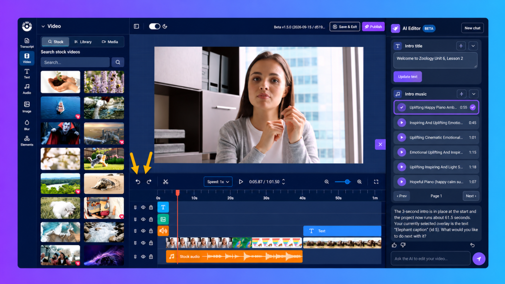 ScreenPal AI video editor interface showing a woman in the video preview, a stock media library, and a multitrack editing timeline. Yellow arrows highlight the undo and redo buttons, while the AI chat panel displays options for adding intro text and music, demonstrating how users can easily adjust or reverse edits.