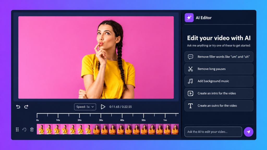 ScreenPal AI video editor interface showing a video preview of a woman in a yellow shirt against a pink background, an editing timeline, and an AI chat panel with suggested commands to remove filler words, shorten pauses, add background music, and create video intros and outros.
