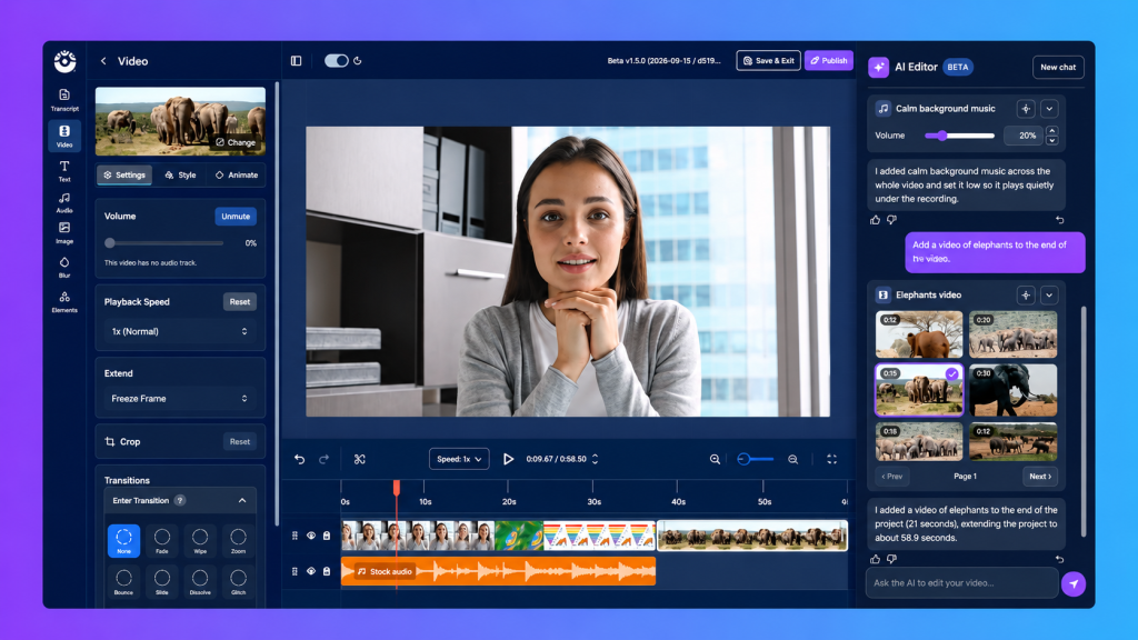 ScreenPal AI video editor interface showing a woman in a video preview, an editing timeline with video clips and background music, and an AI chat panel demonstrating how to add elephant footage and adjust music using simple text commands.