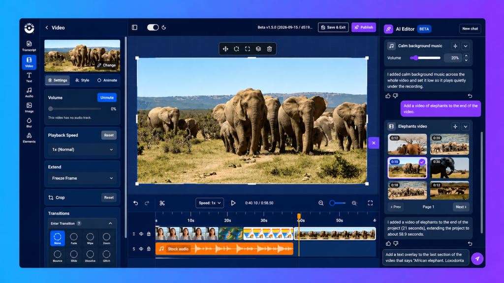 ScreenPal AI video editor interface showing elephant footage in the video preview, an editing timeline with video clips and background music, and an AI chat panel demonstrating how to insert elephant footage and add text overlays using simple text commands.