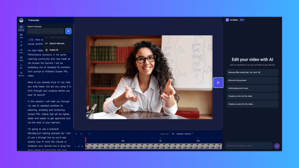 ScreenPal video editor featuring transcript editing and an AI Editor with options to quickly edit video.