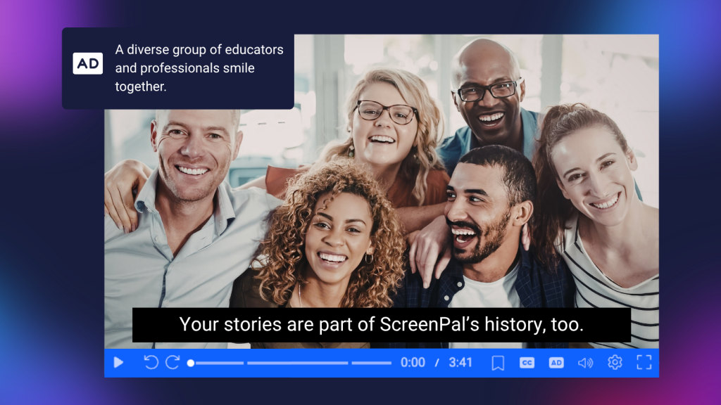 A diverse group of educators and professionals smiling together in a ScreenPal video player.